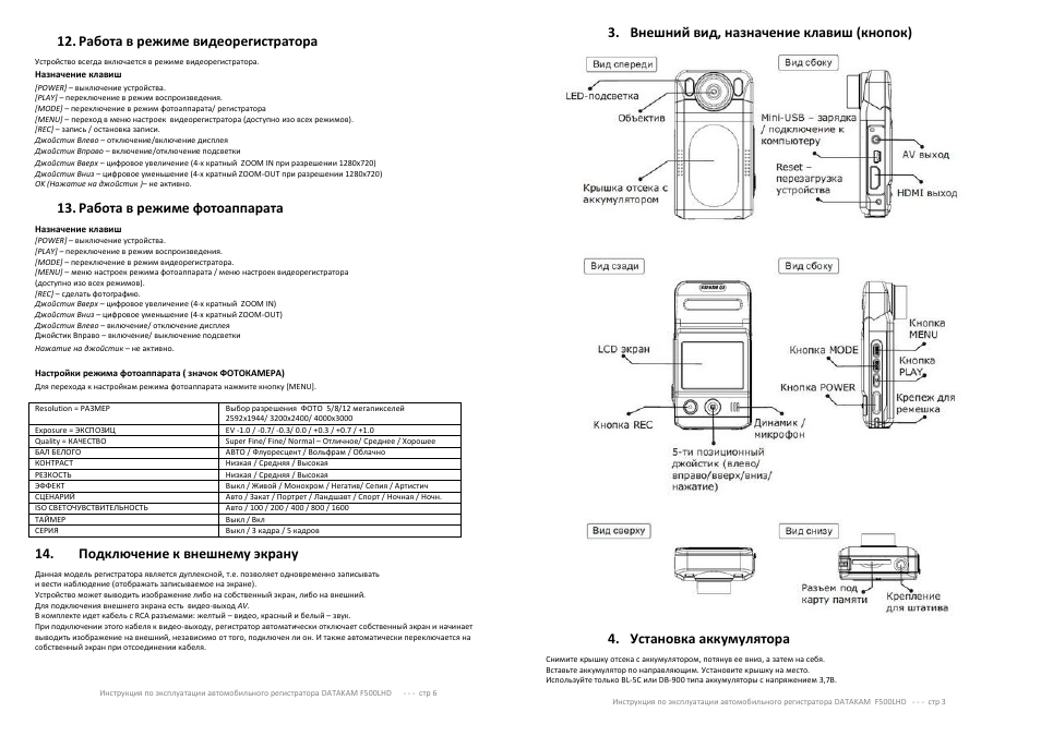 Видеорегистратор датакам инструкция по применению