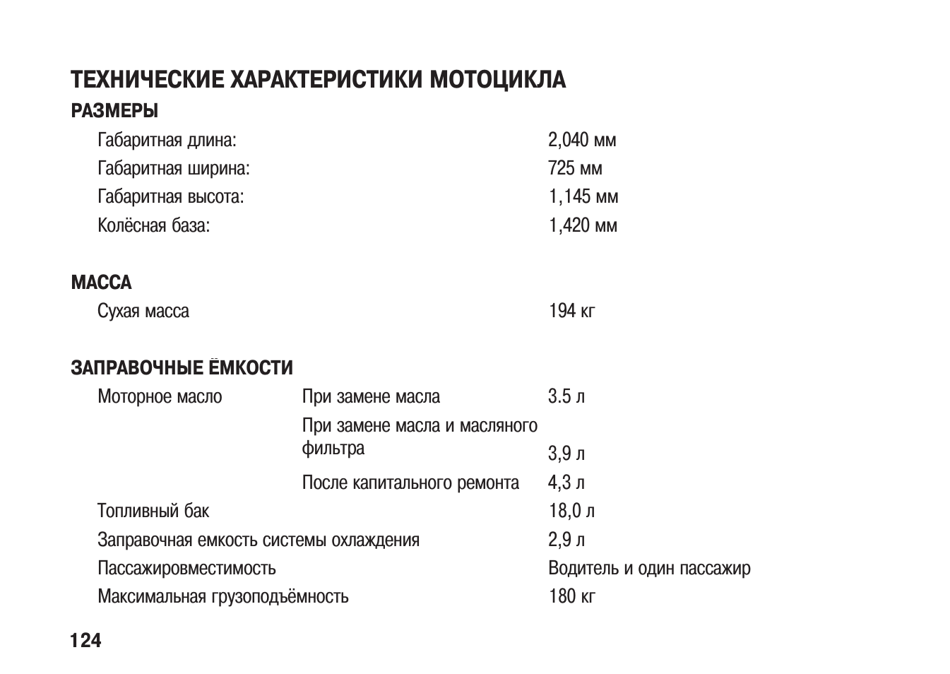 Характеристики мотоцикла