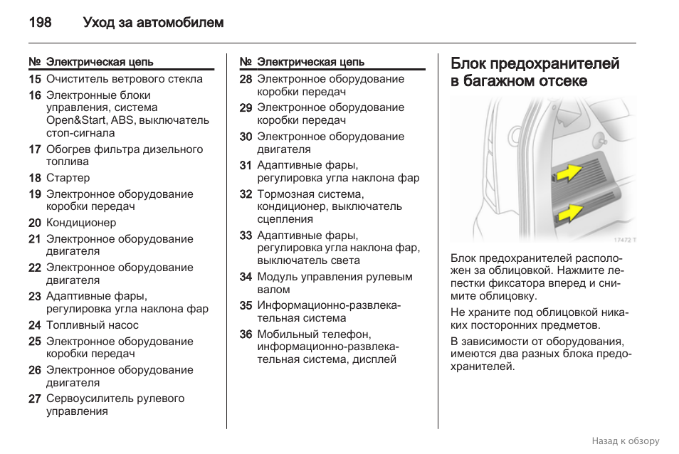 Схема предохранителей opel zafira а