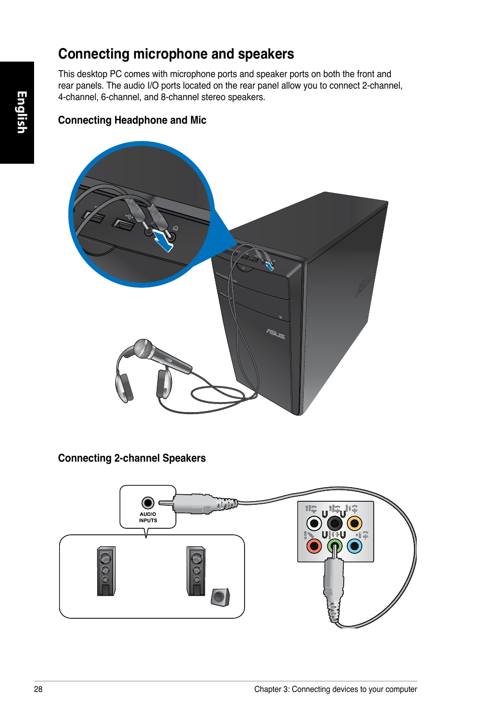 Как подключить микрофон к колонкам компьютера Connecting microphone and speakers, English Инструкция по эксплуатации Asus Esse