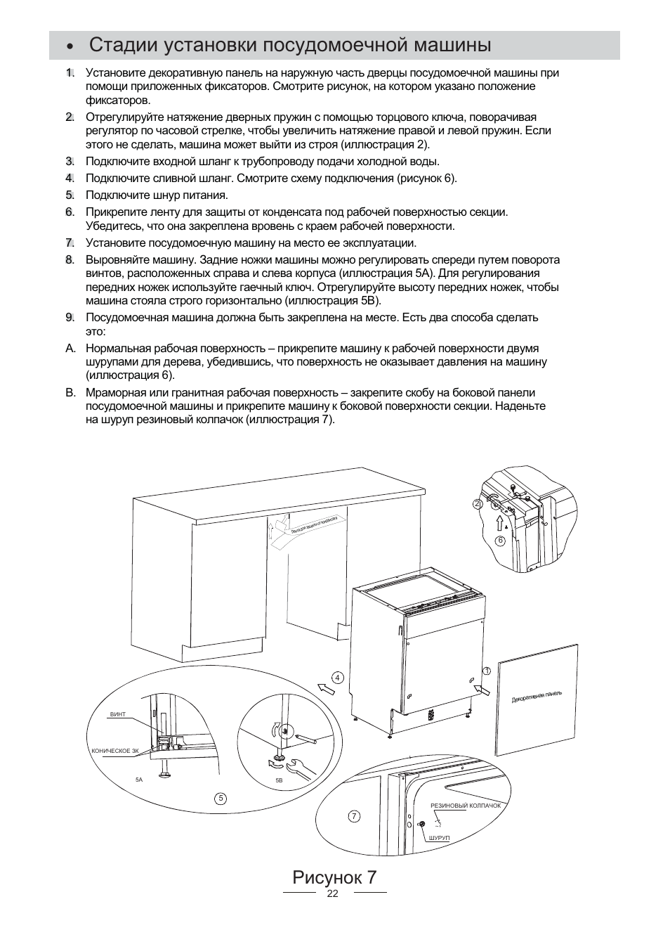 Схема установки посудомоечной машины