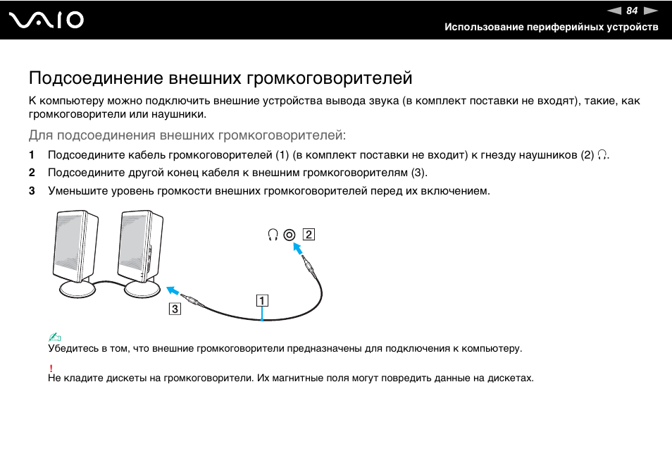 Как подключить к чужим наушникам Подсоединение внешних громкоговорителей Инструкция по эксплуатации Sony VGN-SR21