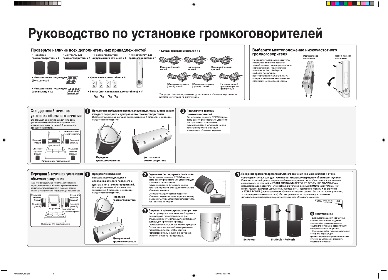 Домашняя инструкция. Домашний кинотеатр Pioneer DCS-333. Инструкция по пользованию громкоговорителей. Схема объёмного звучания. Программа для автоматической установки громкоговорителей.